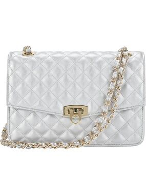 〽️ Women's Silver Vegan Leather Quilted Medium Clutch Purse Chain Crossbody Bag
